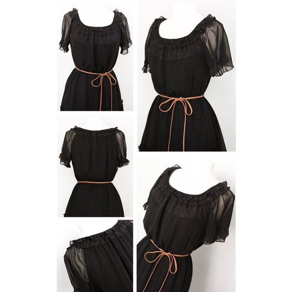 Black Sheer Chiffon Frill Ruffle Shift Dress +BELT - Picture 3 of 8